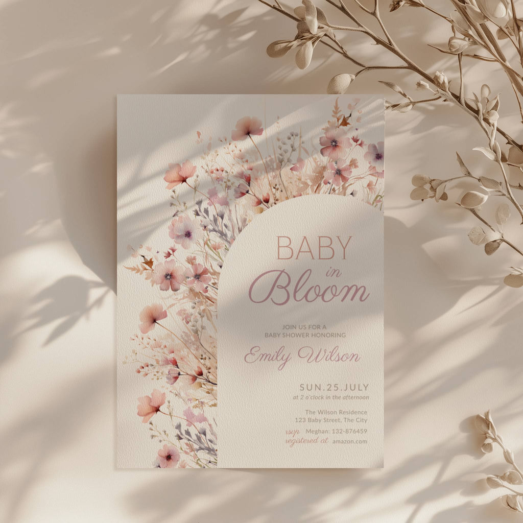 baby in bloom baby shower invitation with blush pink floral arch design wildflower invitation