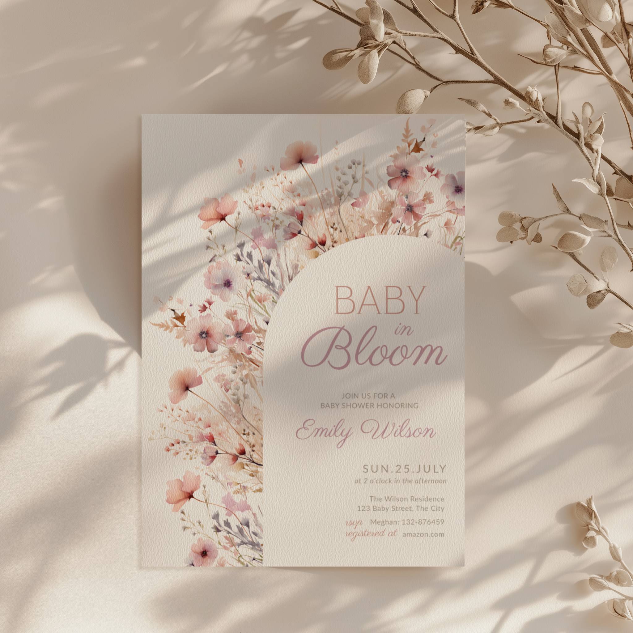 baby in bloom baby shower invitation with blush pink floral arch design wildflower invitation