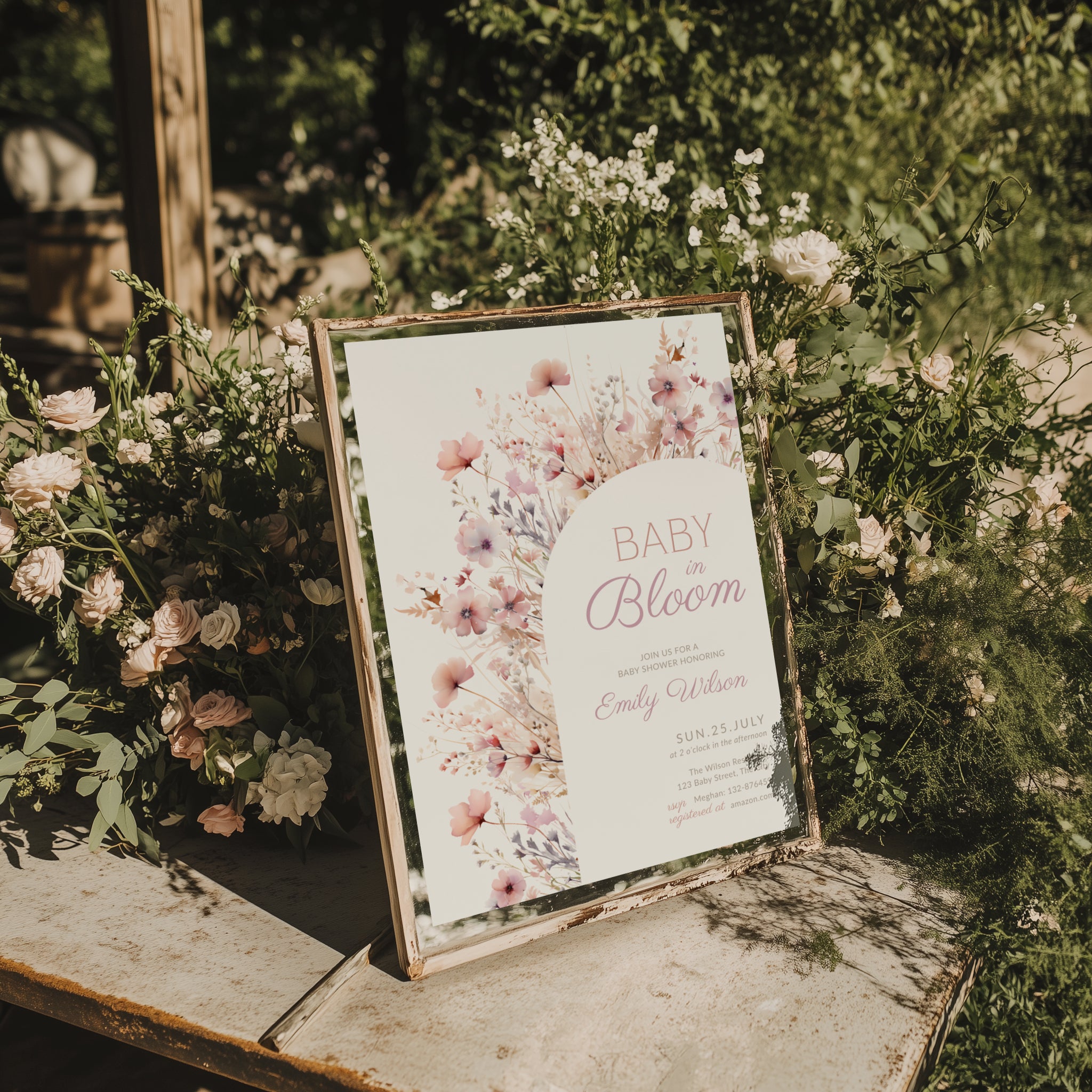 baby in bloom baby shower invitation with blush pink floral arch design wildflower invitation