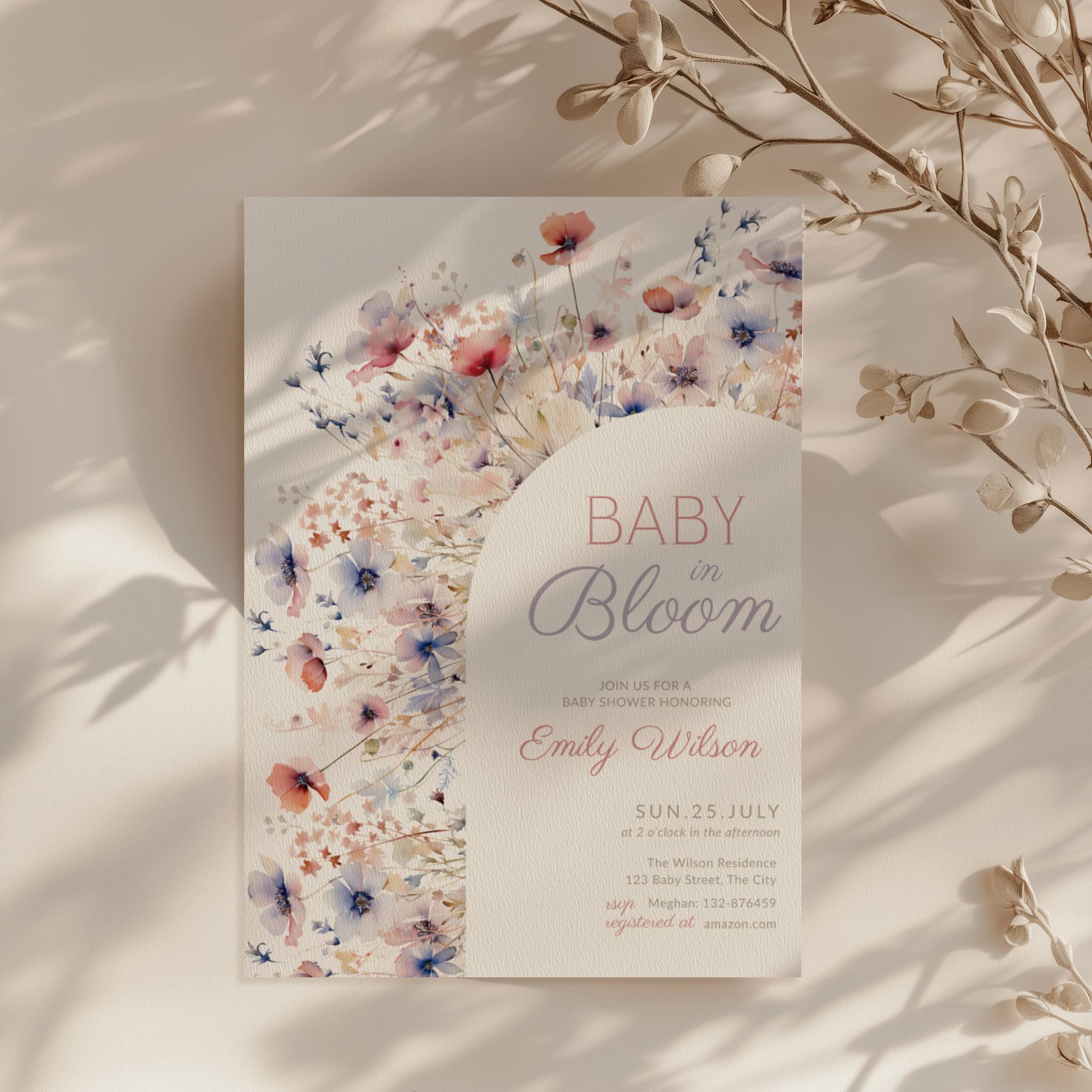 baby in bloom baby shower invitation with pastel floral arch in blush and blue tones wildflower