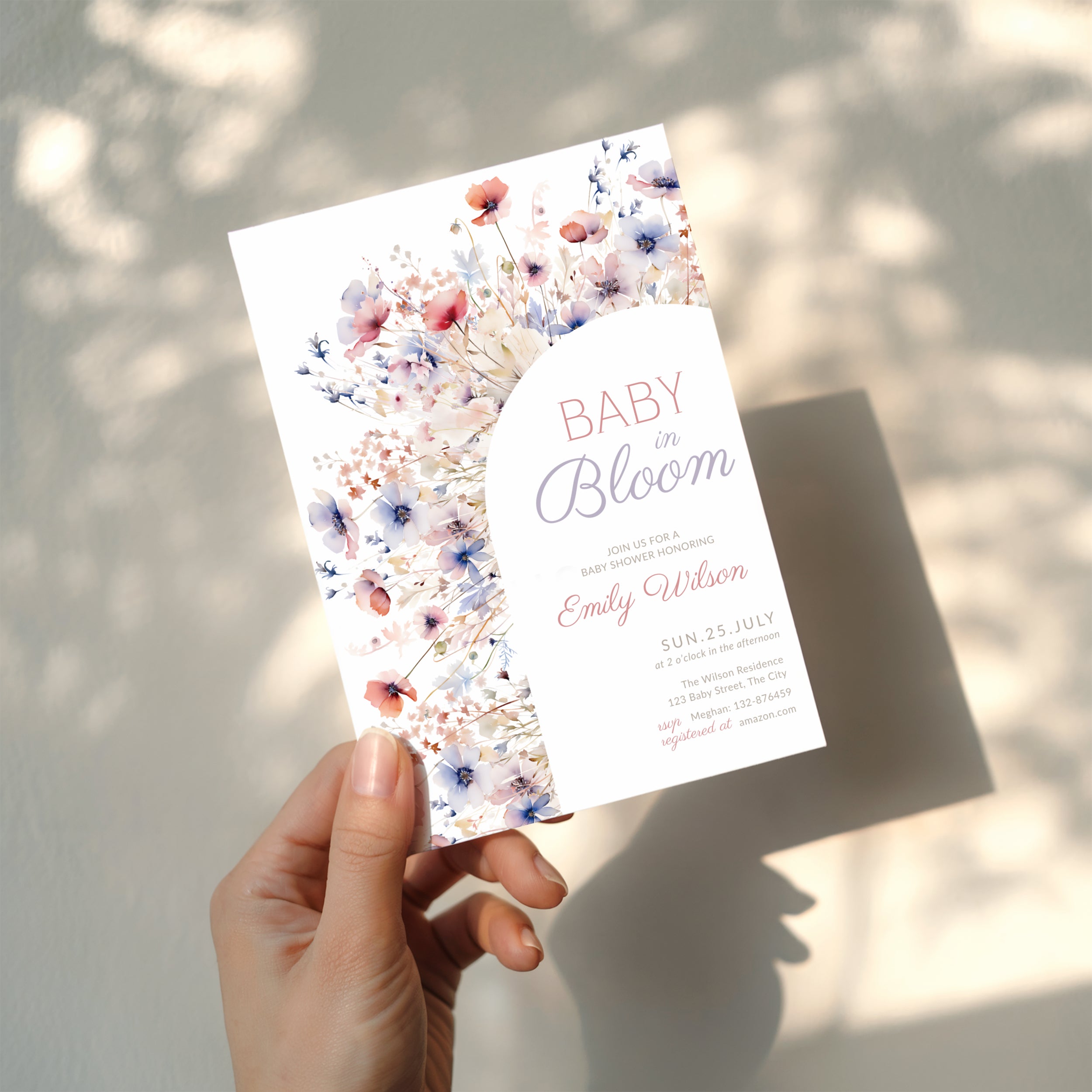 baby in bloom baby shower invitation with pastel floral arch in blush and blue tones wildflower