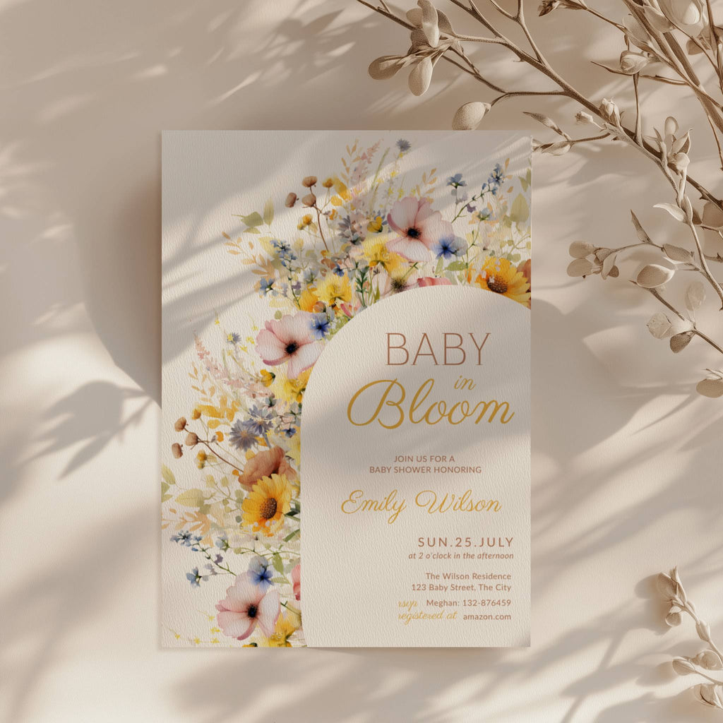baby in bloom baby shower invitation with sunflower and wildflower arch design