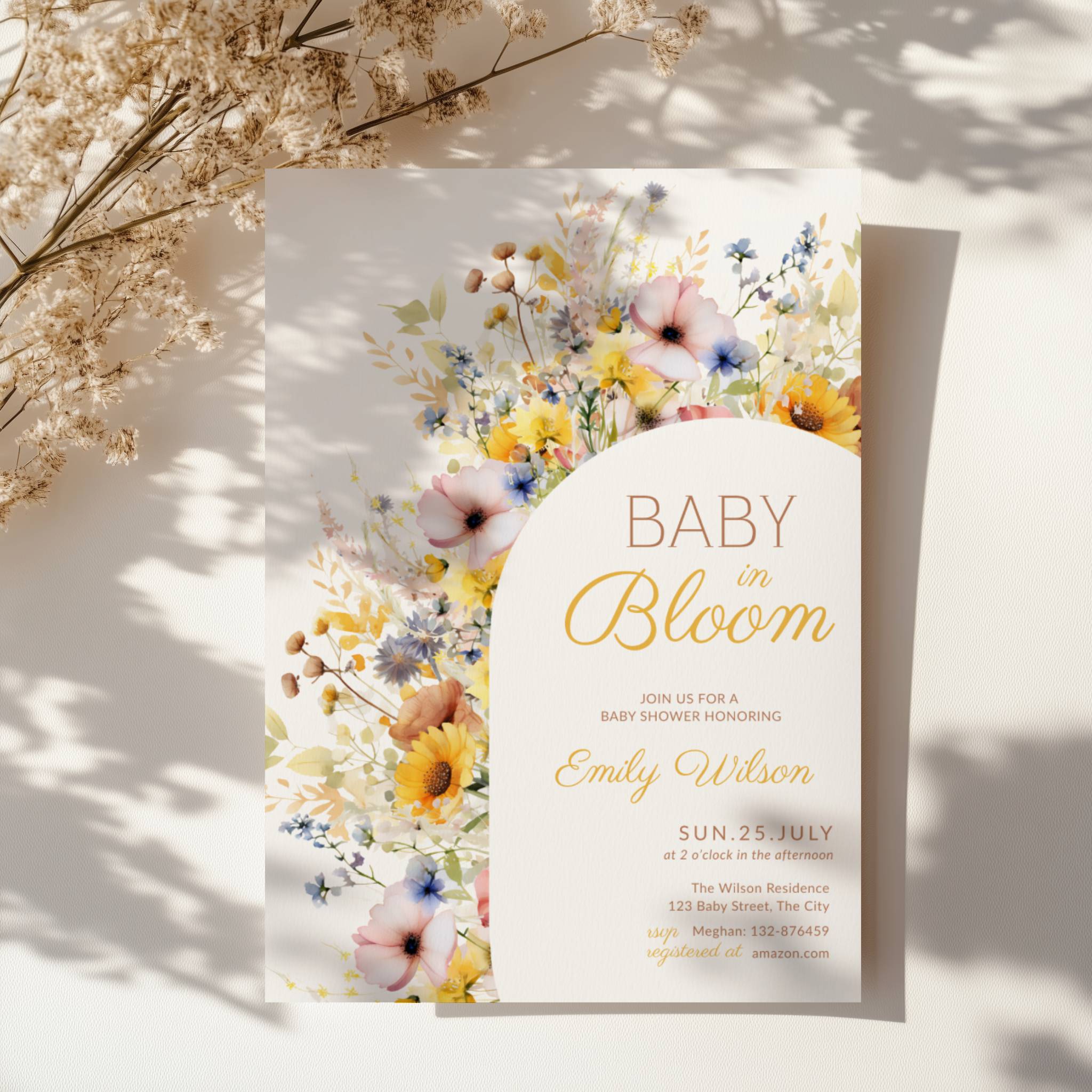 baby in bloom baby shower invitation with sunflower and wildflower arch design