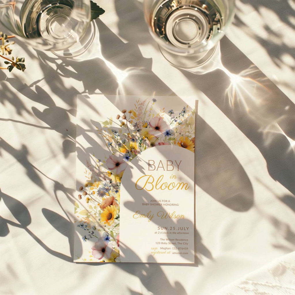 baby in bloom baby shower invitation with sunflower and wildflower arch design