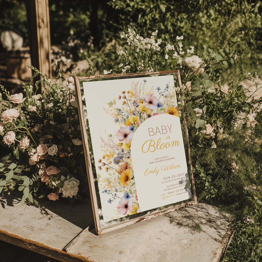 baby in bloom baby shower invitation with sunflower and wildflower arch design