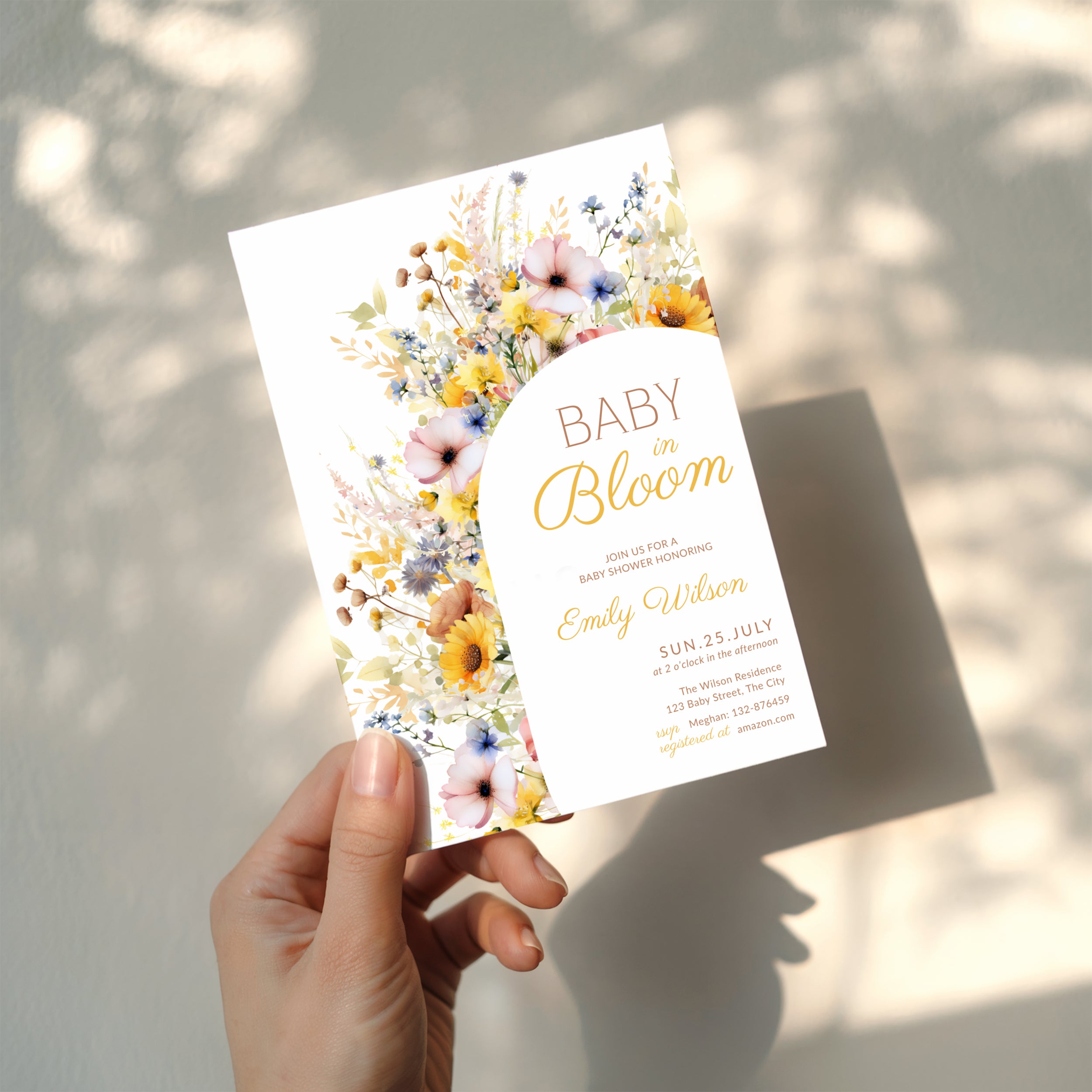 baby in bloom baby shower invitation with sunflower and wildflower arch design
