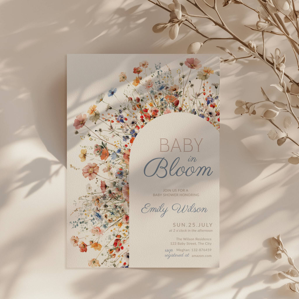 baby in bloom baby shower invitation with wildflower arch in soft blue blush tones
