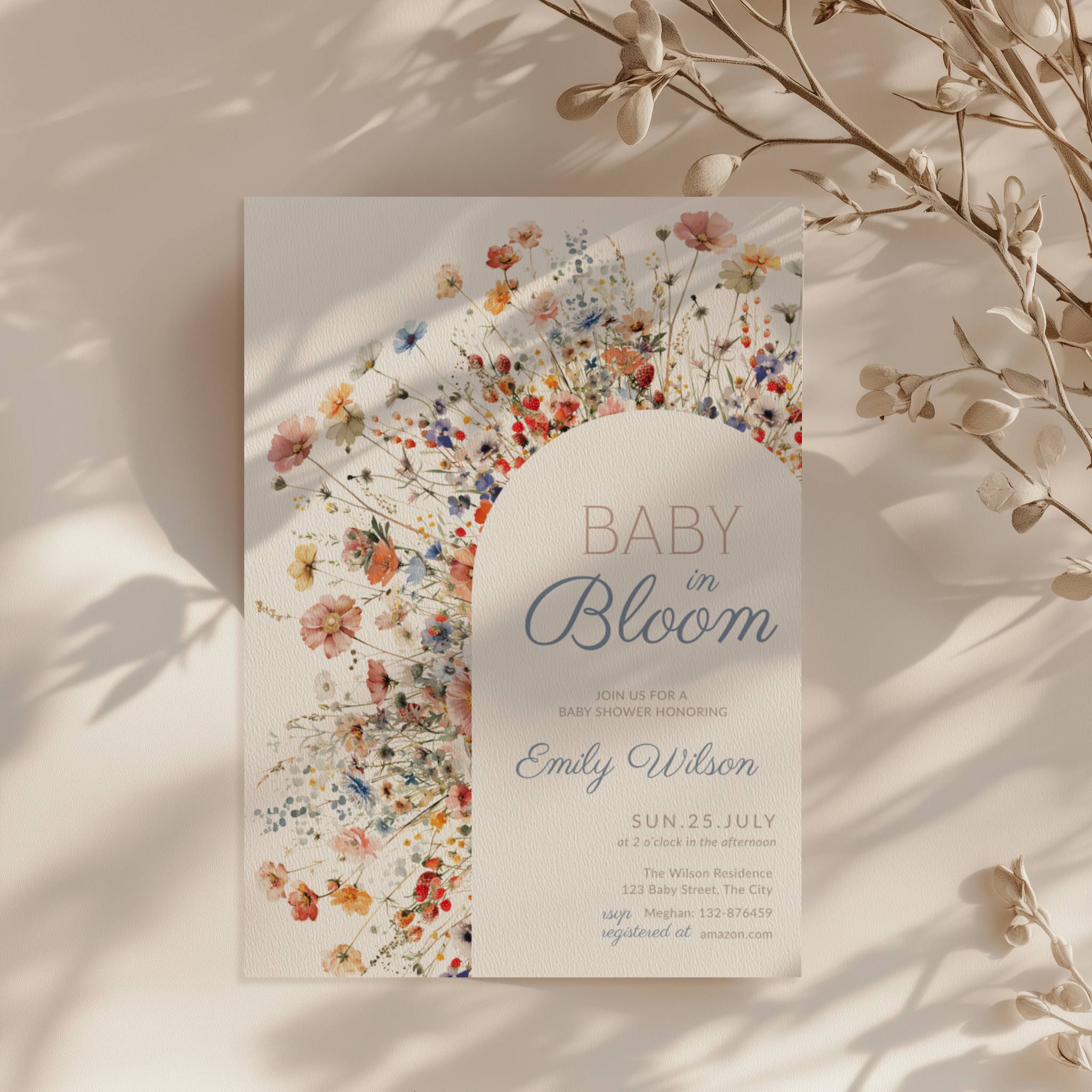 baby in bloom baby shower invitation with wildflower arch in soft blue blush tones