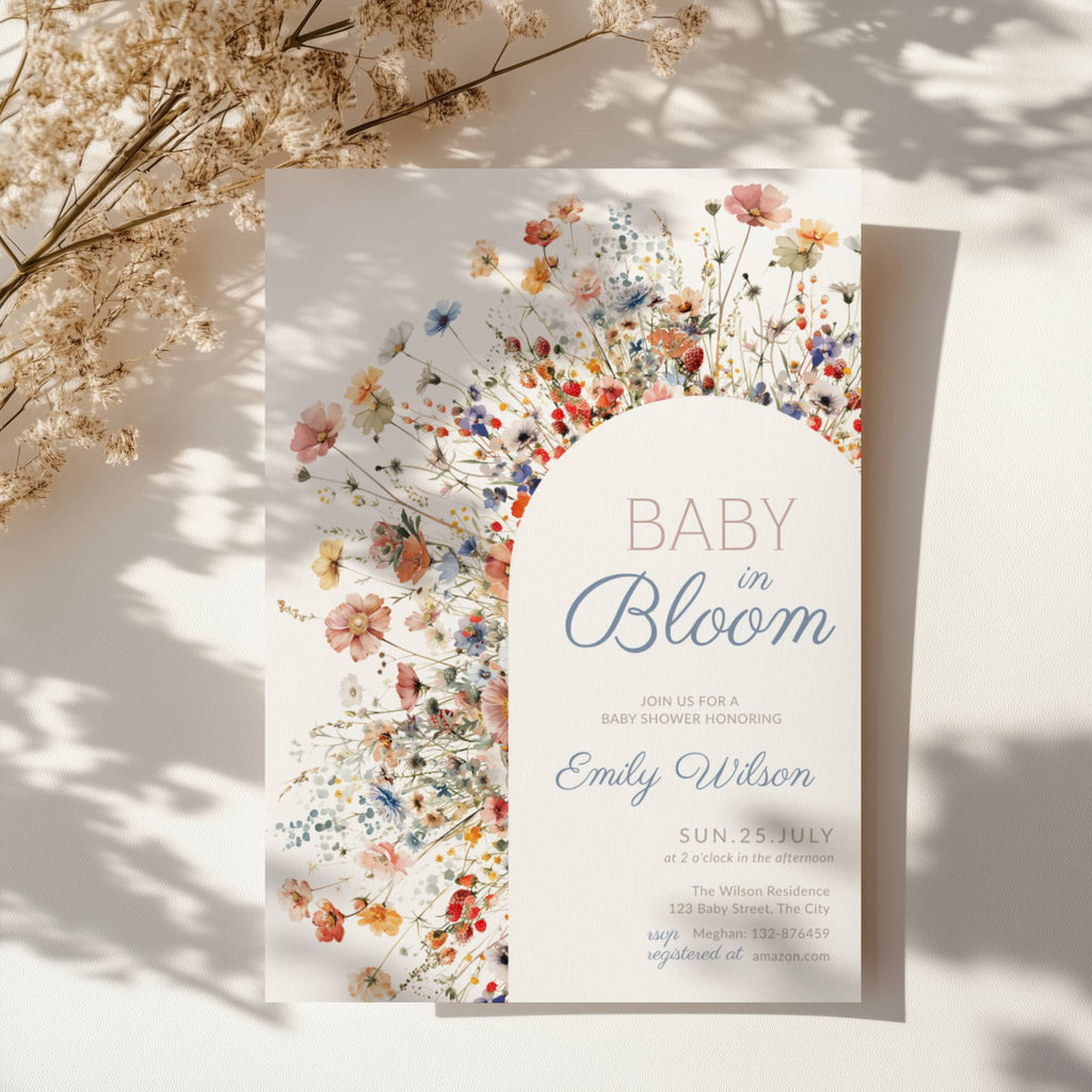 baby in bloom baby shower invitation with wildflower arch in soft blue blush tones