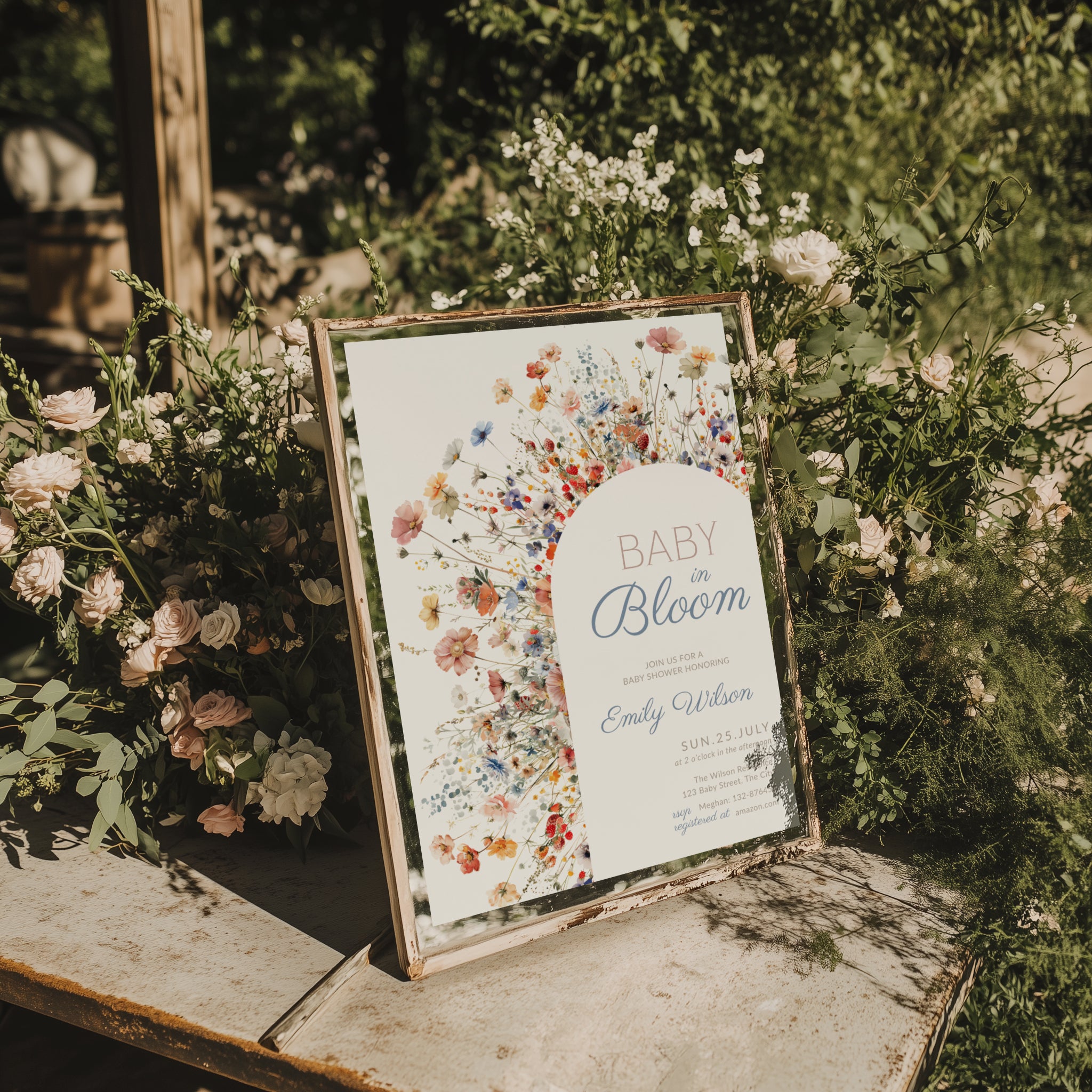 baby in bloom baby shower invitation with wildflower arch in soft blue blush tones