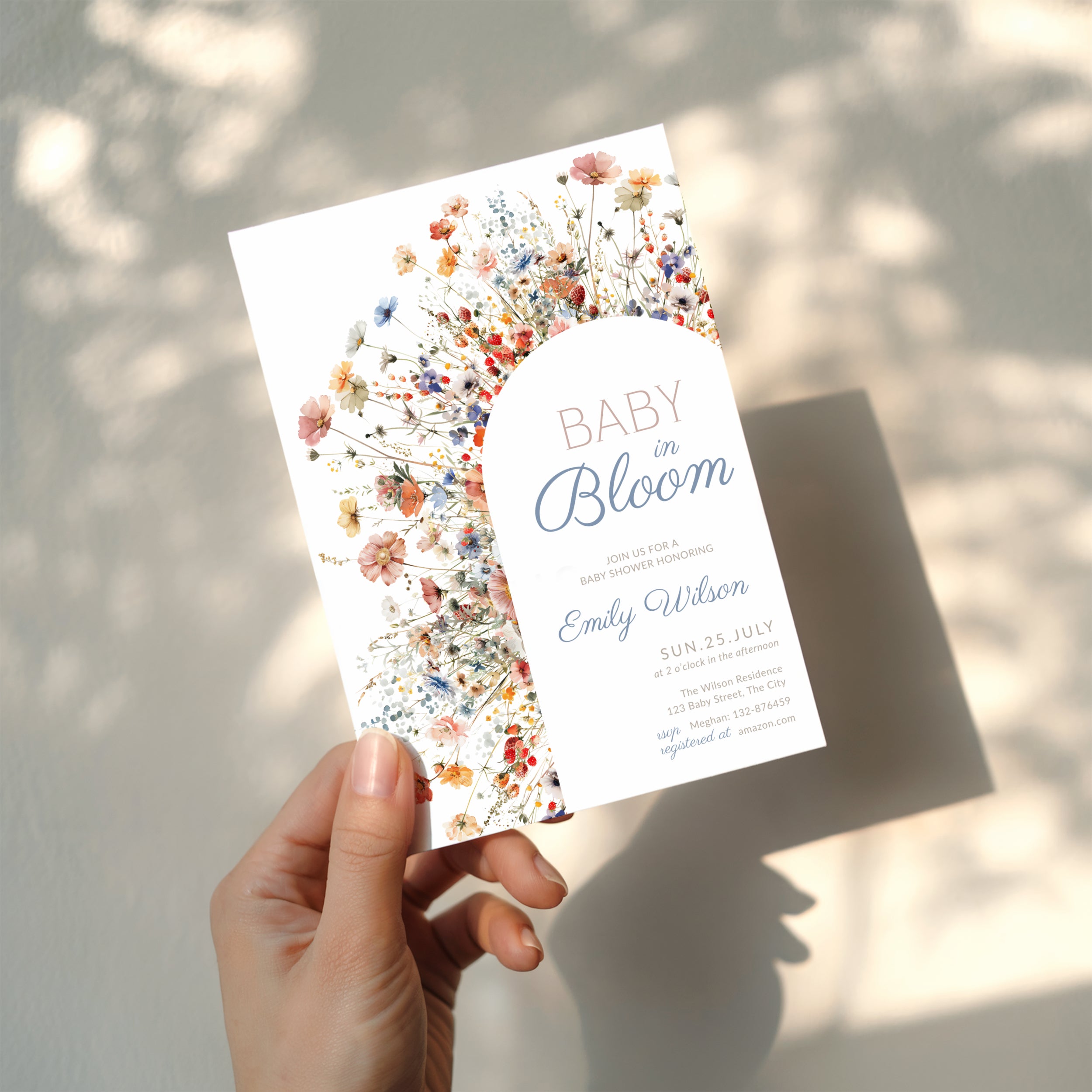 baby in bloom baby shower invitation with wildflower arch in soft blue blush tones