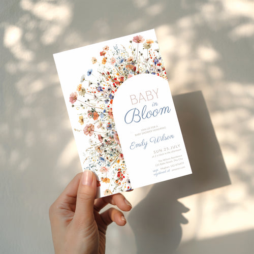 baby in bloom baby shower invitation with wildflower arch in soft blue blush tones