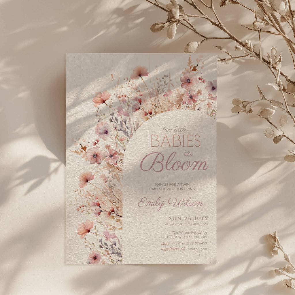 two babies in bloom twin baby shower invitation with blush pink floral arch design
