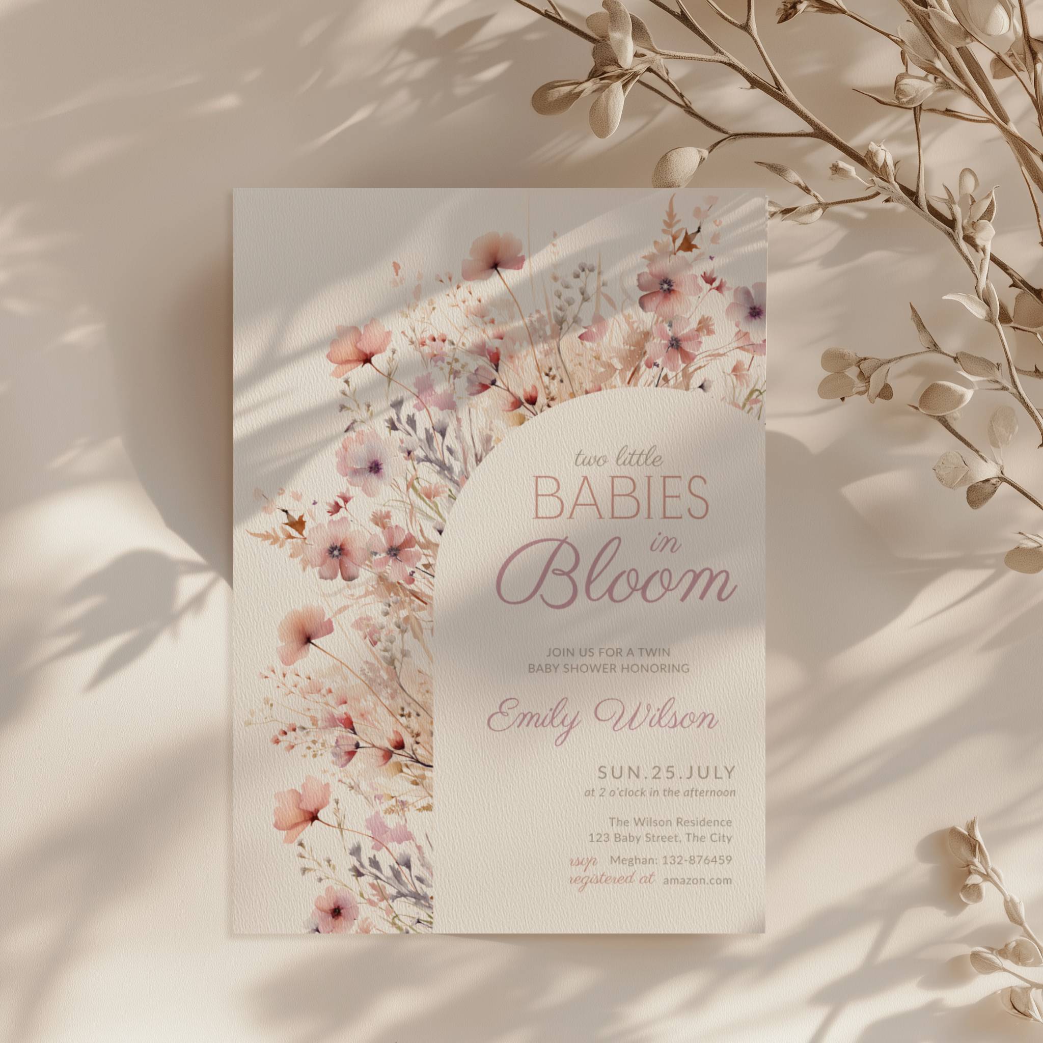 two babies in bloom twin baby shower invitation with blush pink floral arch design