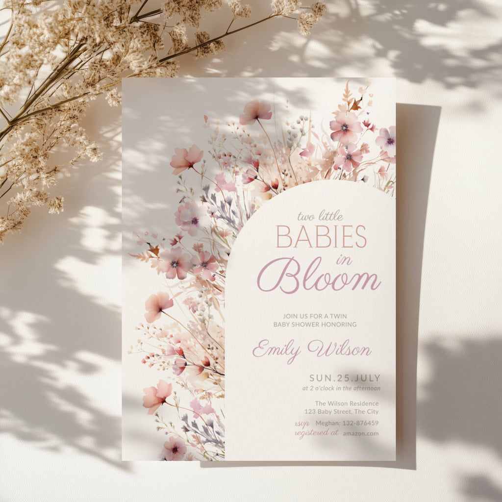 two babies in bloom twin baby shower invitation with blush pink floral arch design