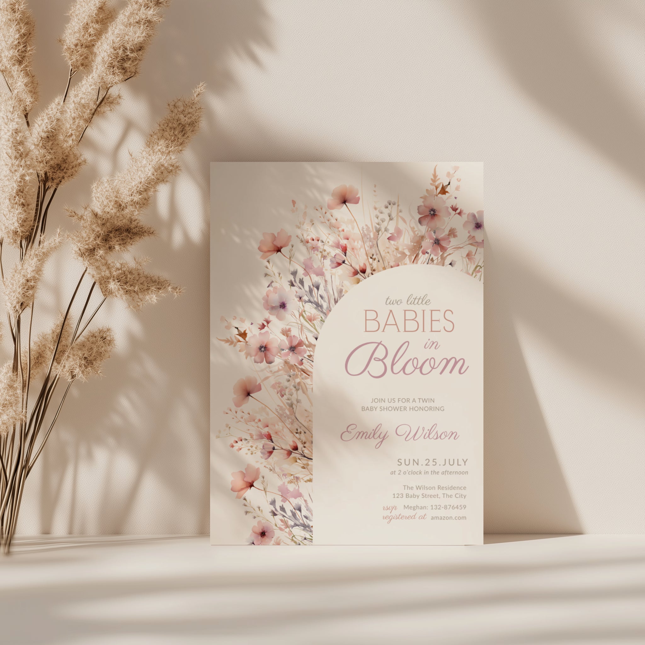 two babies in bloom twin baby shower invitation with blush pink floral arch design