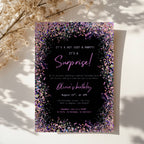 surprise birthday invitation with colorful confetti border on black background