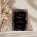 surprise birthday invitation with colorful confetti border on black background