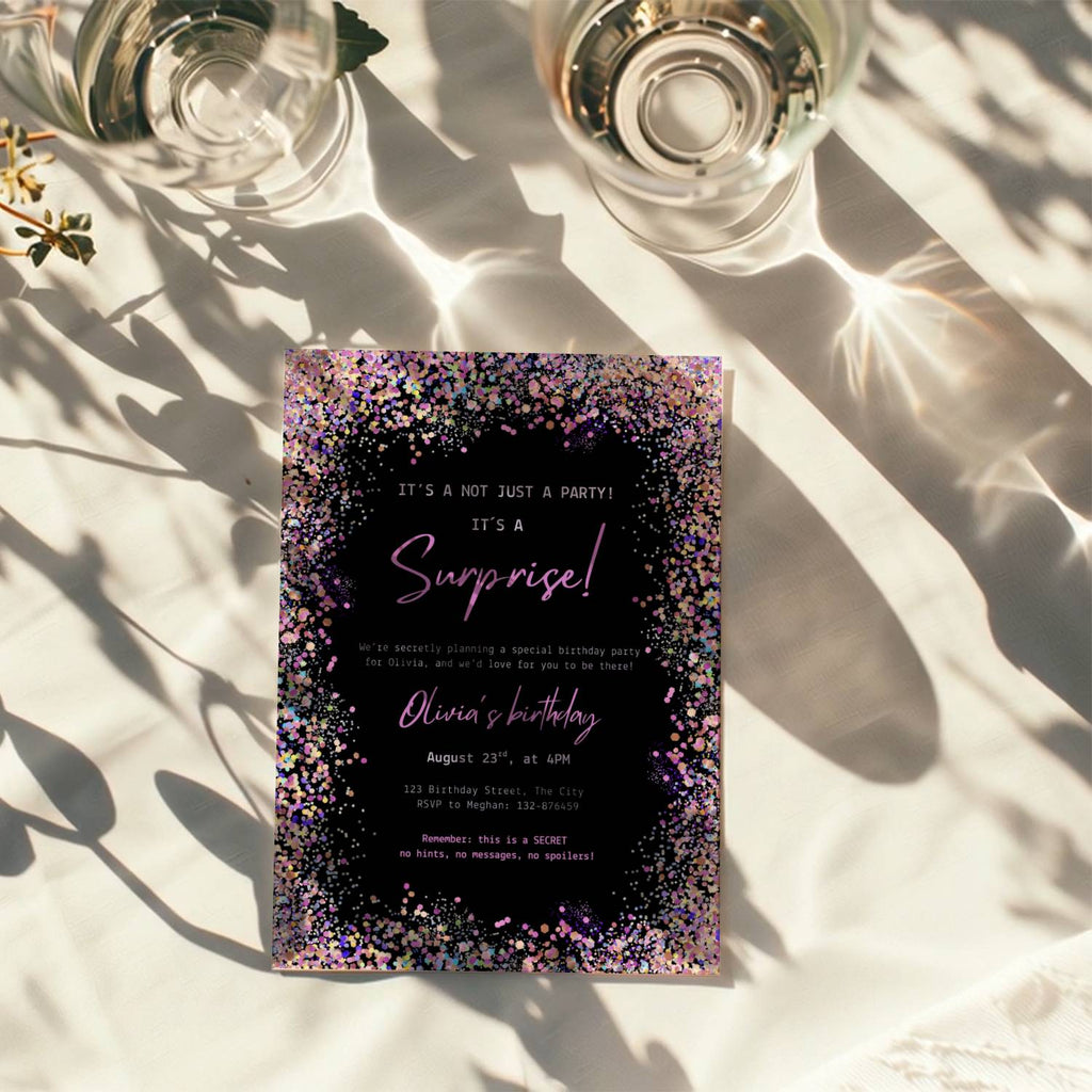 surprise birthday invitation with colorful confetti border on black background