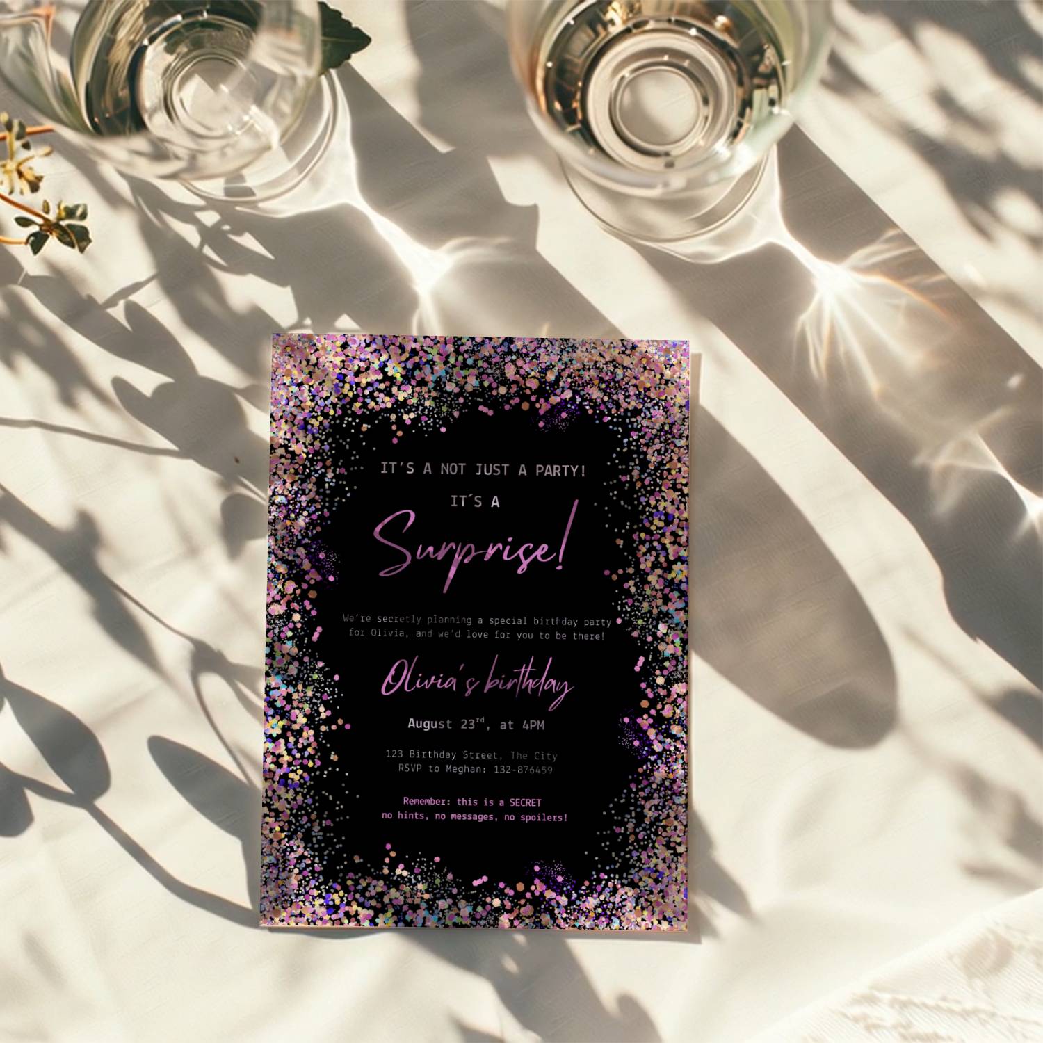 surprise birthday invitation with colorful confetti border on black background