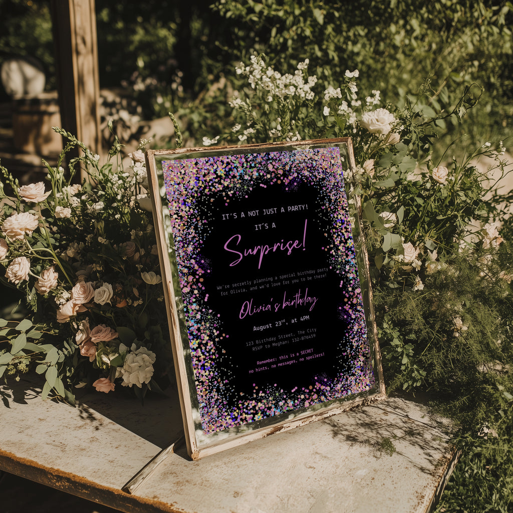 surprise birthday invitation with colorful confetti border on black background