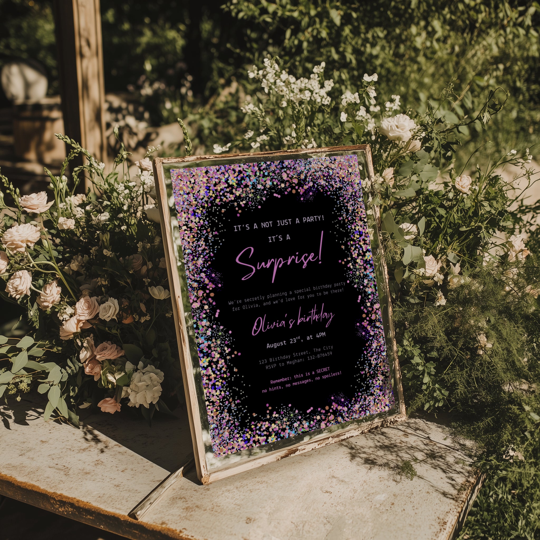 surprise birthday invitation with colorful confetti border on black background