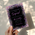 surprise birthday invitation with colorful confetti border on black background