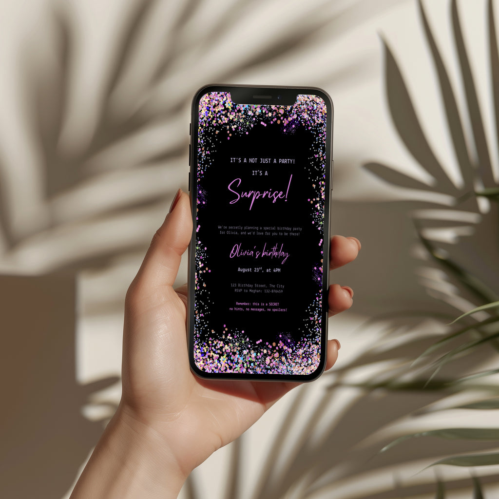 surprise birthday invitation with colorful confetti border on black background
