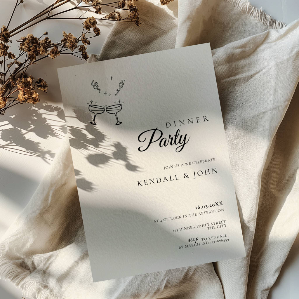 minimalist dinner party invitation with elegant script and cocktail illustration