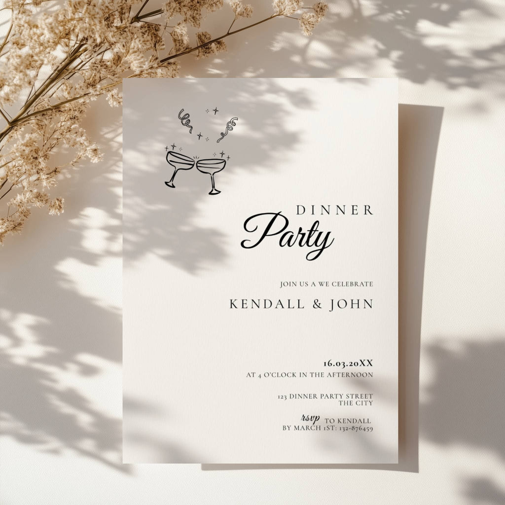minimalist dinner party invitation with elegant script and cocktail illustration