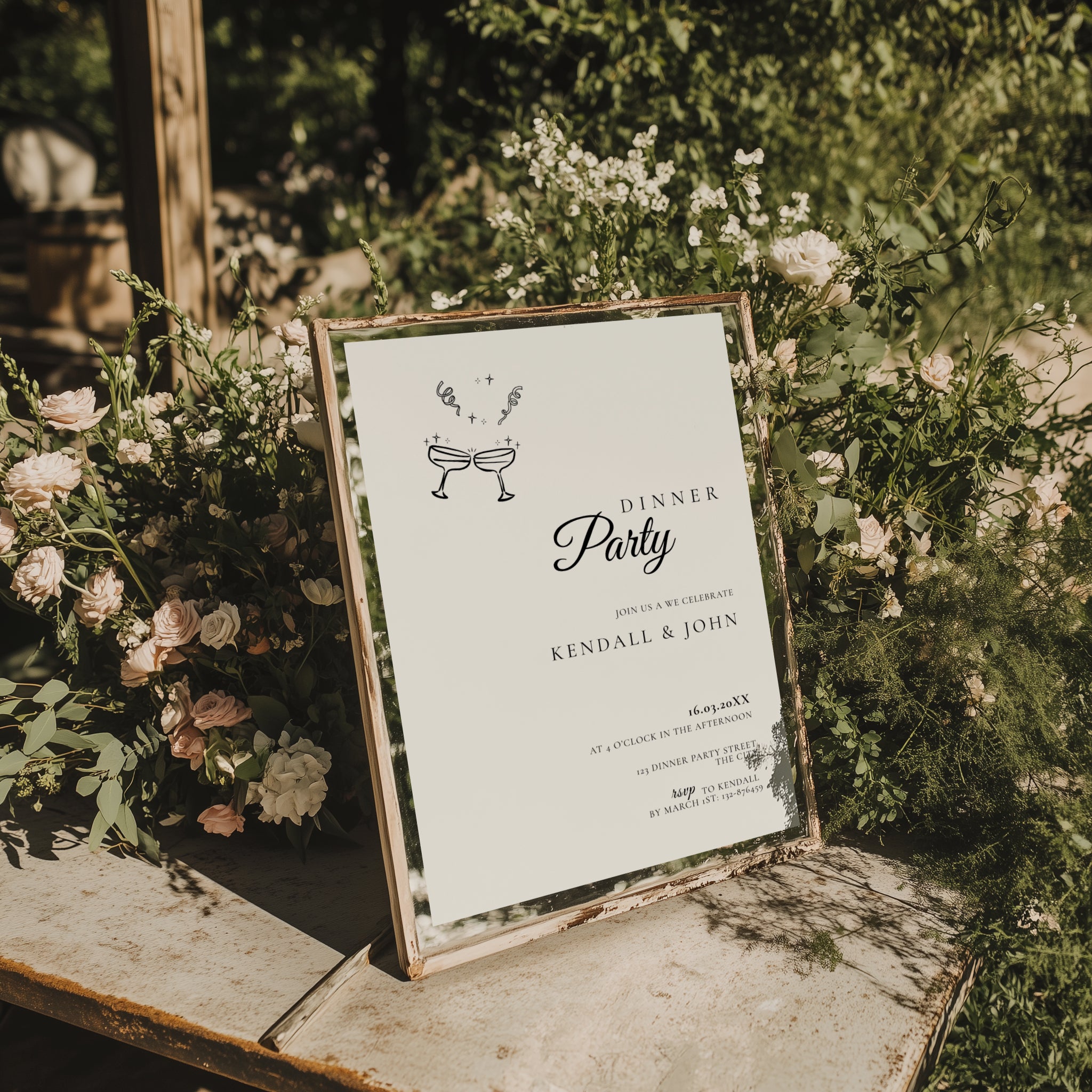 minimalist dinner party invitation with elegant script and cocktail illustration