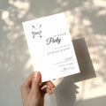 minimalist dinner party invitation with elegant script and cocktail illustration