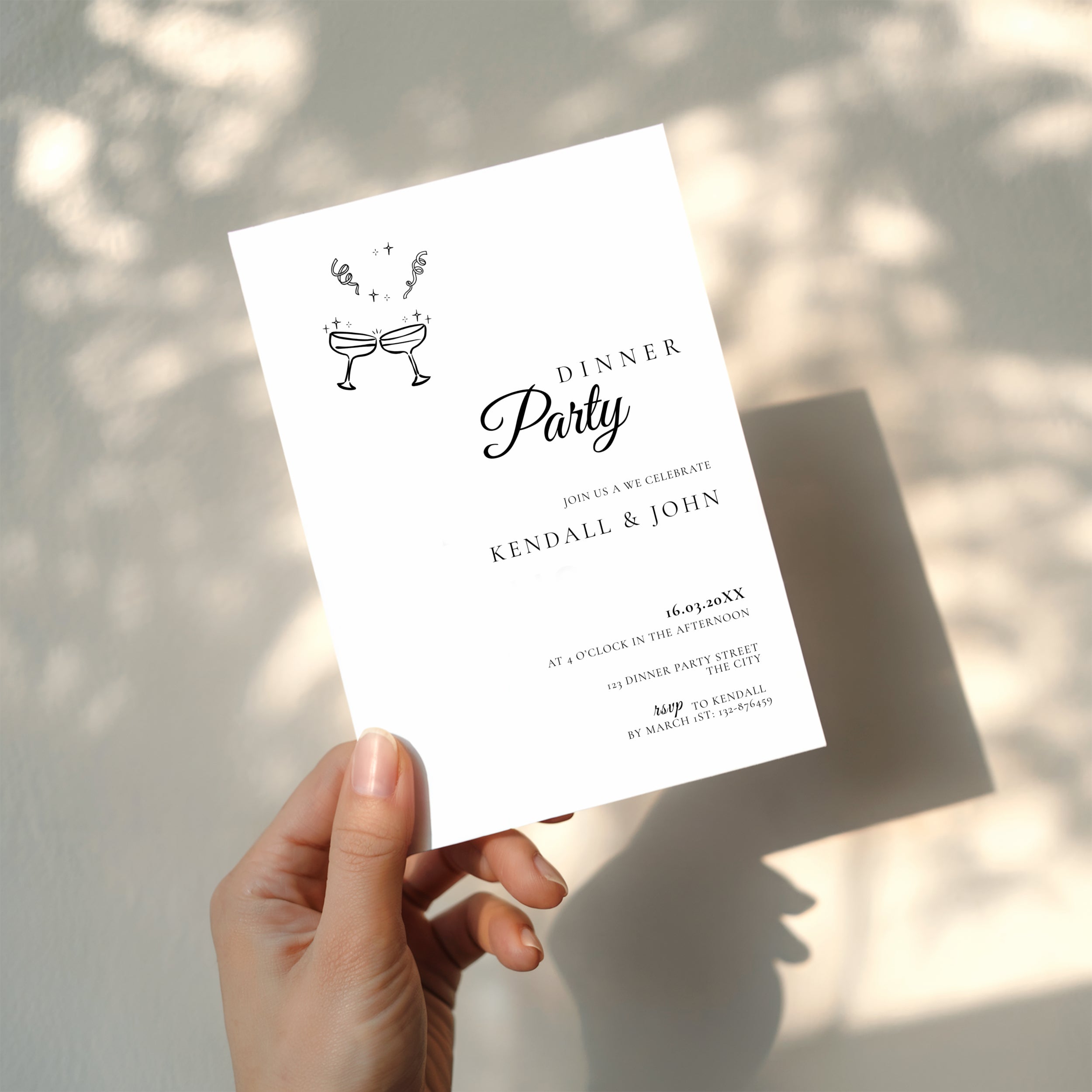 minimalist dinner party invitation with elegant script and cocktail illustration