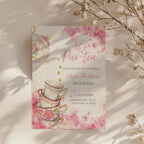 tea party birthday invitation with watercolor flowers and teacups in pink tones