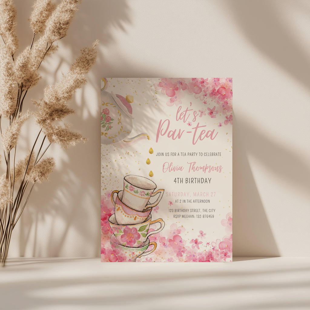 tea party birthday invitation with watercolor flowers and teacups in pink tones