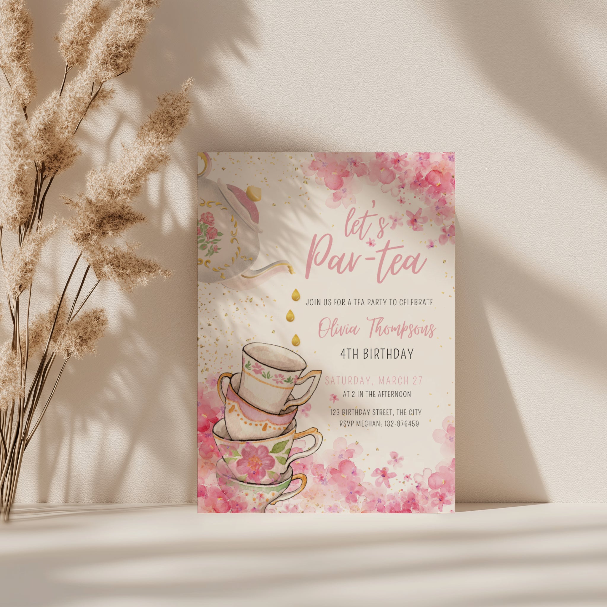 tea party birthday invitation with watercolor flowers and teacups in pink tones