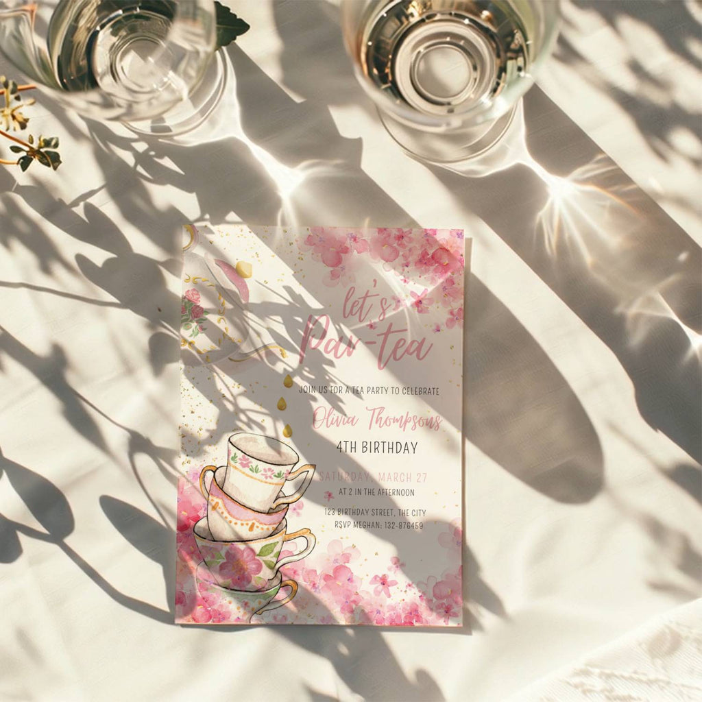 tea party birthday invitation with watercolor flowers and teacups in pink tones