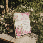 tea party birthday invitation with watercolor flowers and teacups in pink tones