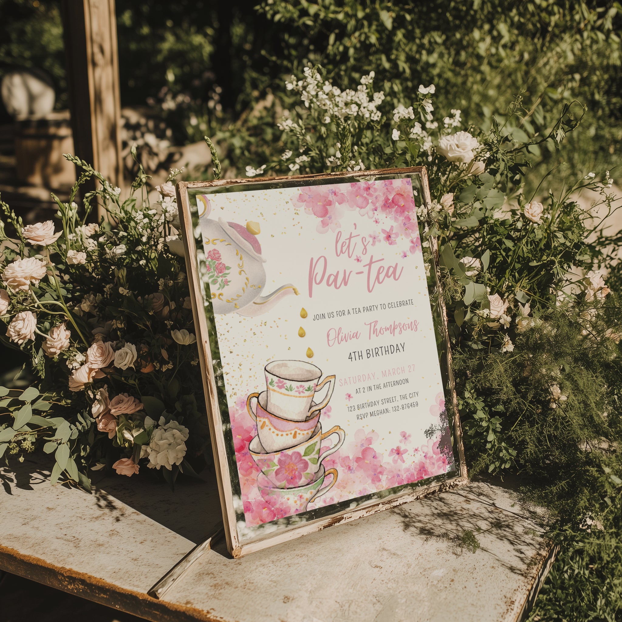 tea party birthday invitation with watercolor flowers and teacups in pink tones