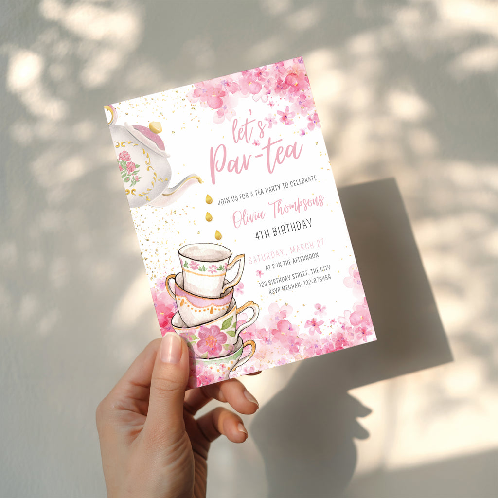 tea party birthday invitation with watercolor flowers and teacups in pink tones