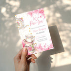 tea party birthday invitation with watercolor flowers and teacups in pink tones