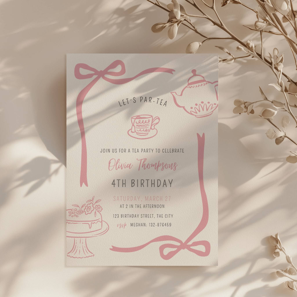 minimalist tea party birthday invitation with pink doodle illustrations and bow frame