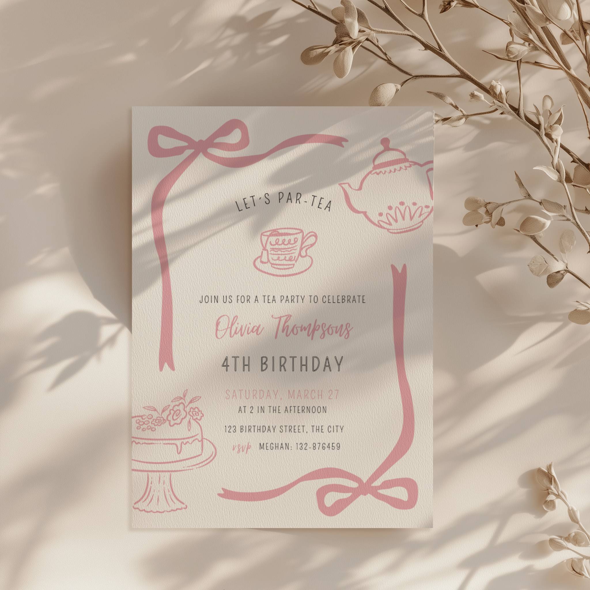 minimalist tea party birthday invitation with pink doodle illustrations and bow frame