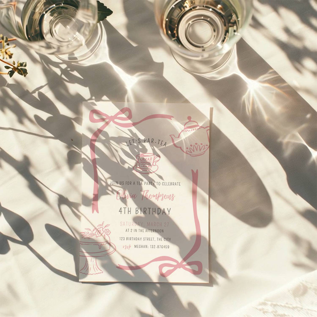 minimalist tea party birthday invitation with pink doodle illustrations and bow frame