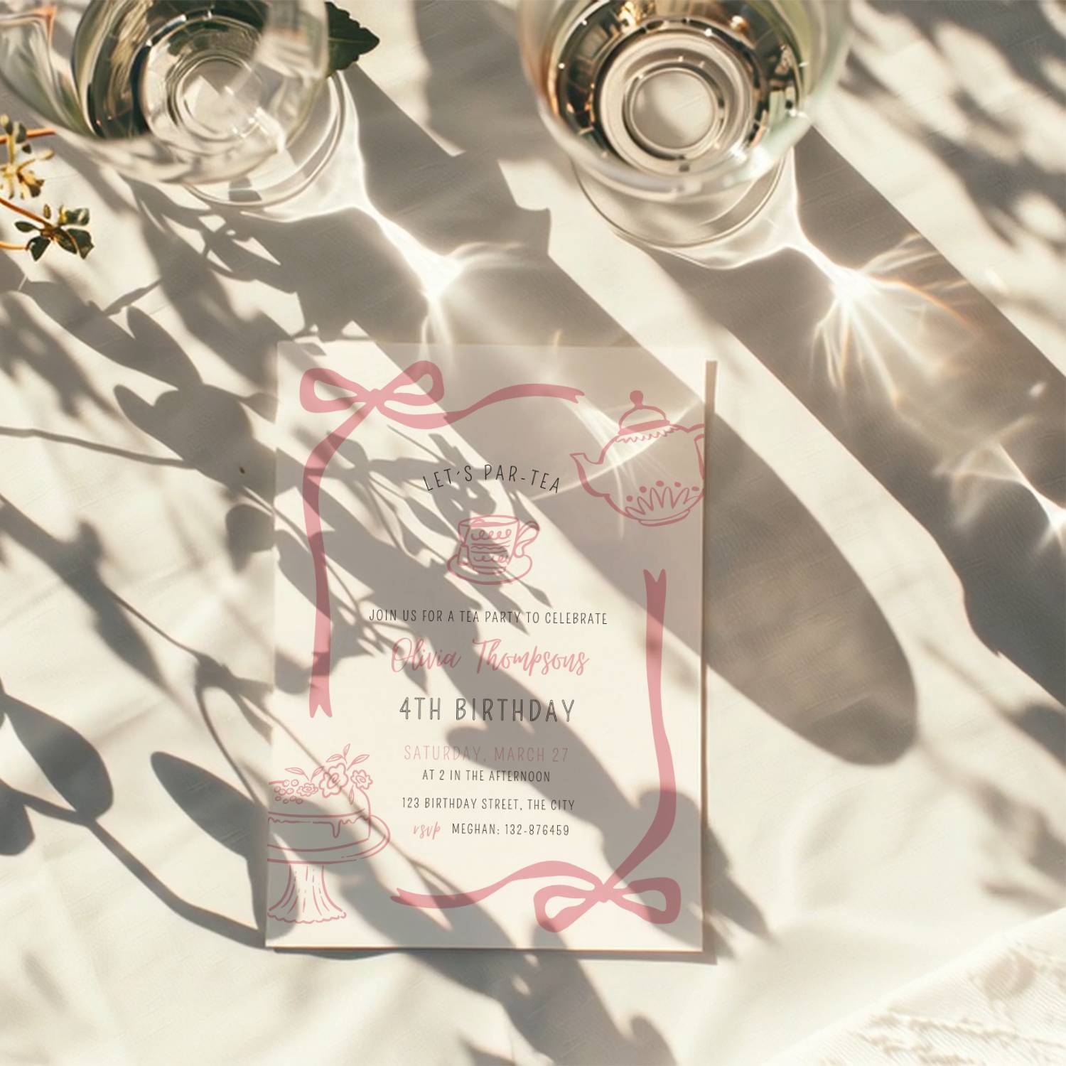 minimalist tea party birthday invitation with pink doodle illustrations and bow frame