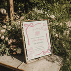 minimalist tea party birthday invitation with pink doodle illustrations and bow frame