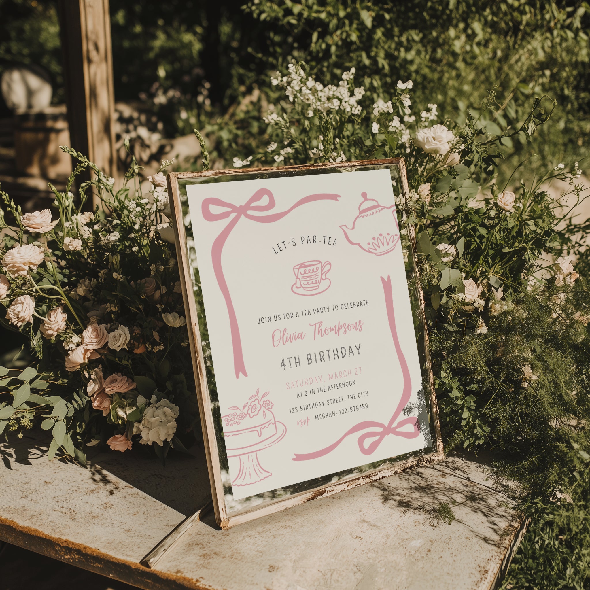 minimalist tea party birthday invitation with pink doodle illustrations and bow frame