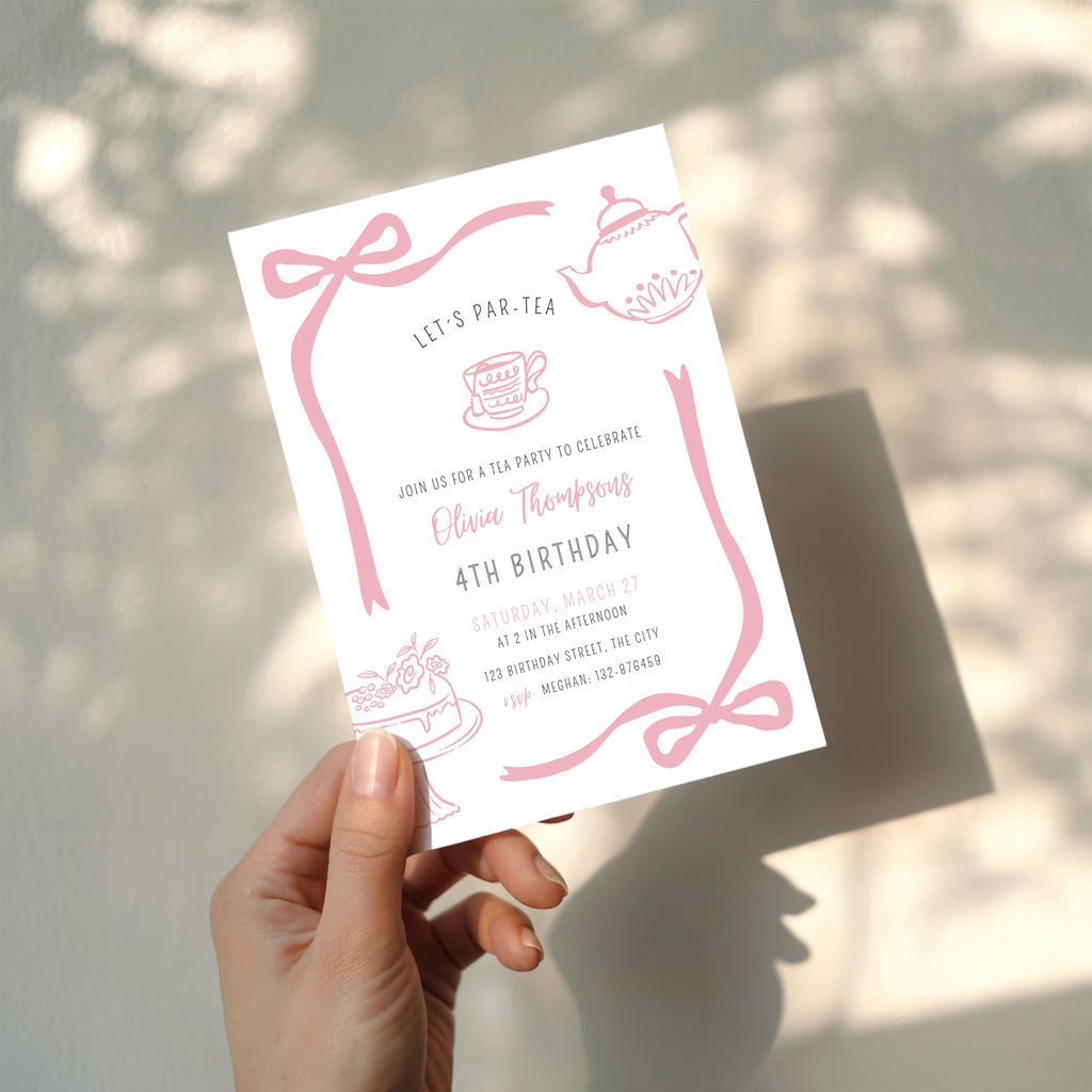 minimalist tea party birthday invitation with pink doodle illustrations and bow frame