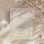 minimalist tea party birthday invitation with pink bow frame and line art illustrations