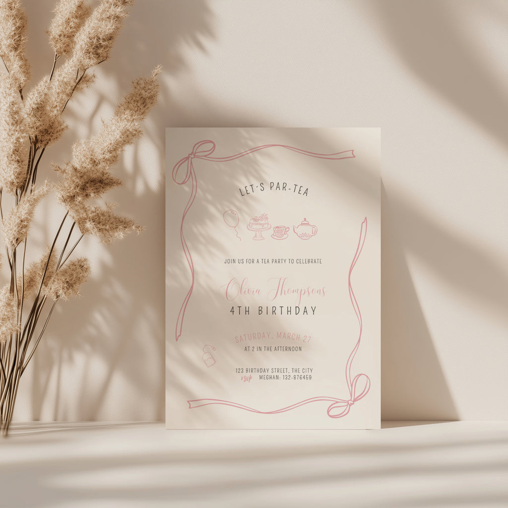 minimalist tea party birthday invitation with pink bow frame and line art illustrations